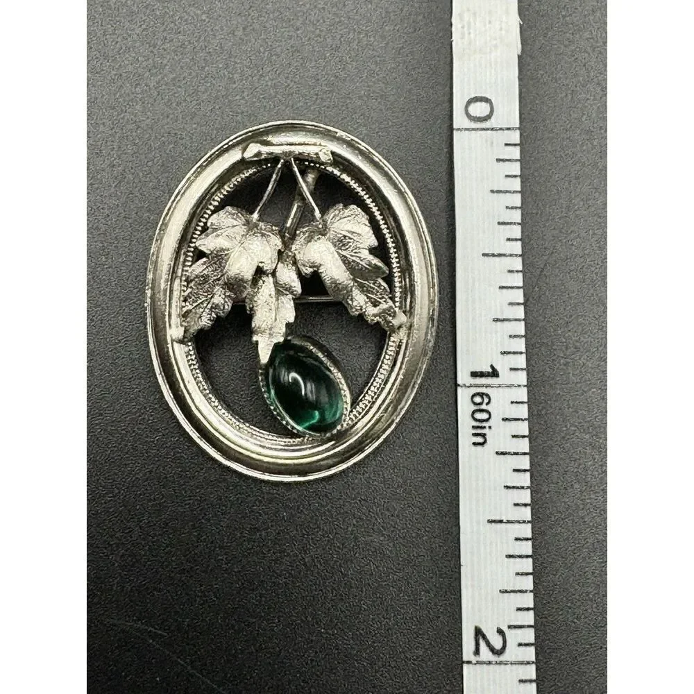 Vintage Silver Tone‎ Oval Leaf Brooch Green Glass Cabochon Pendant Jewelry